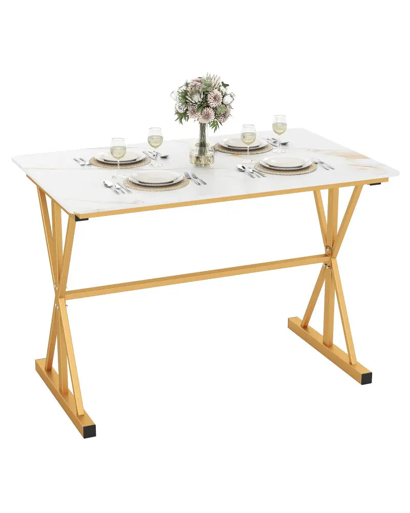 44 Inches Sintered Stone Dining Table with Metal Frame and Faux Marble Tabletop-White - White - Dining Tables