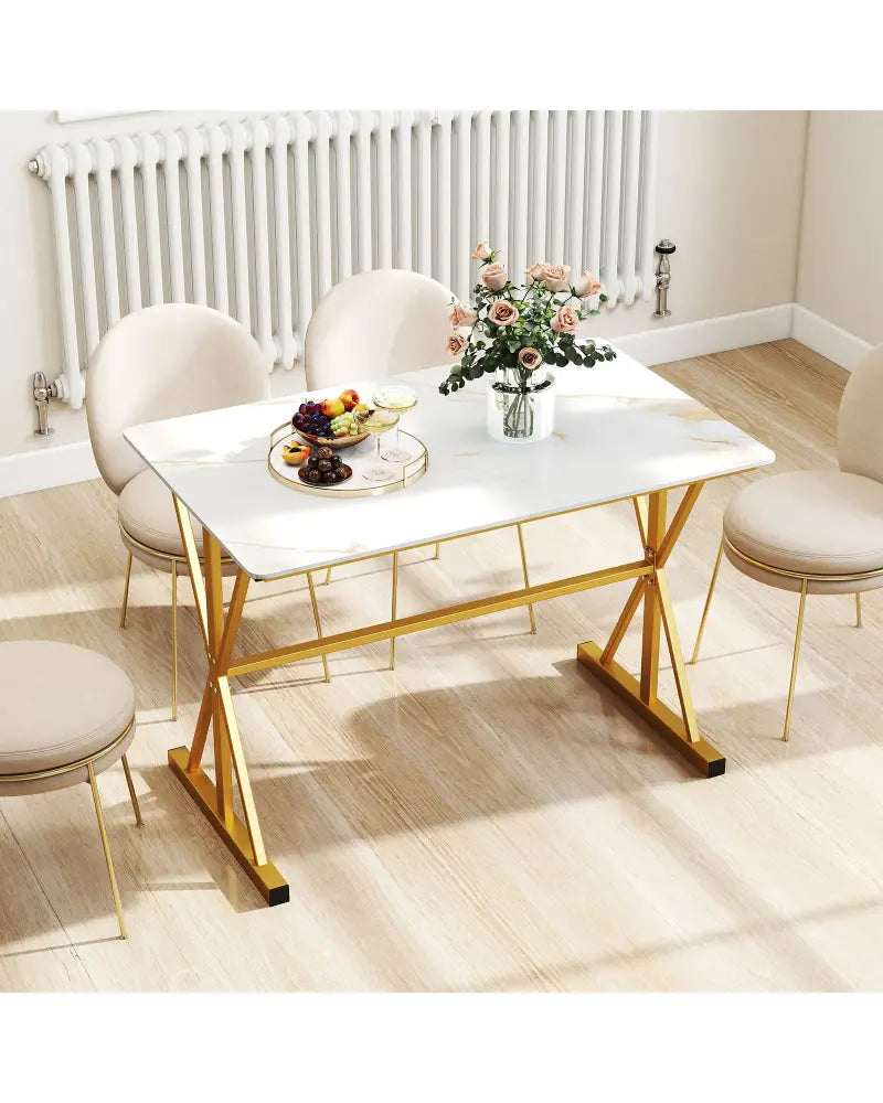 44 Inches Sintered Stone Dining Table with Metal Frame and Faux Marble Tabletop-White - White - Dining Tables