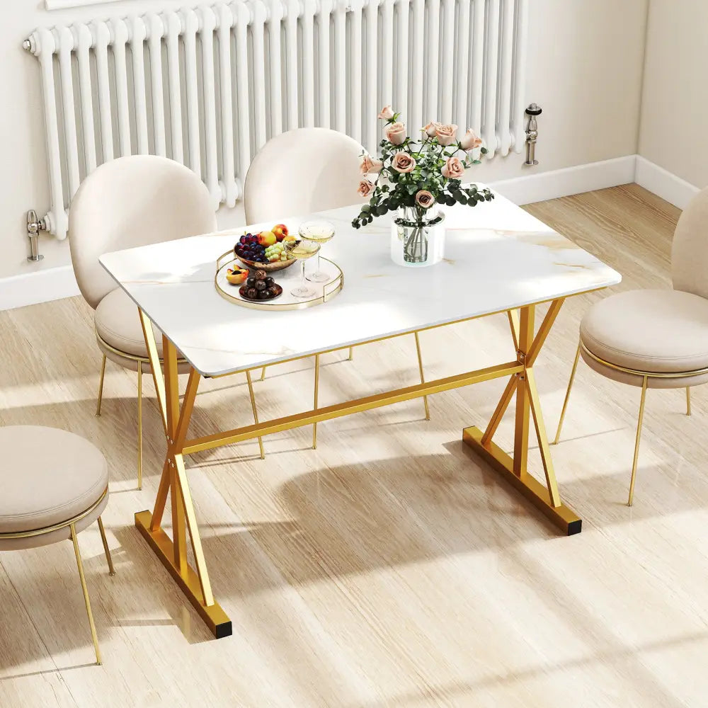 44 Inches Sintered Stone Dining Table with Metal Frame and Faux Marble Tabletop-White - White - Dining Tables