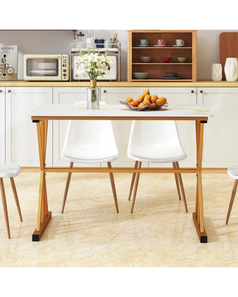 44 Inches Sintered Stone Dining Table with Metal Frame and Faux Marble Tabletop-White - White - Dining Tables