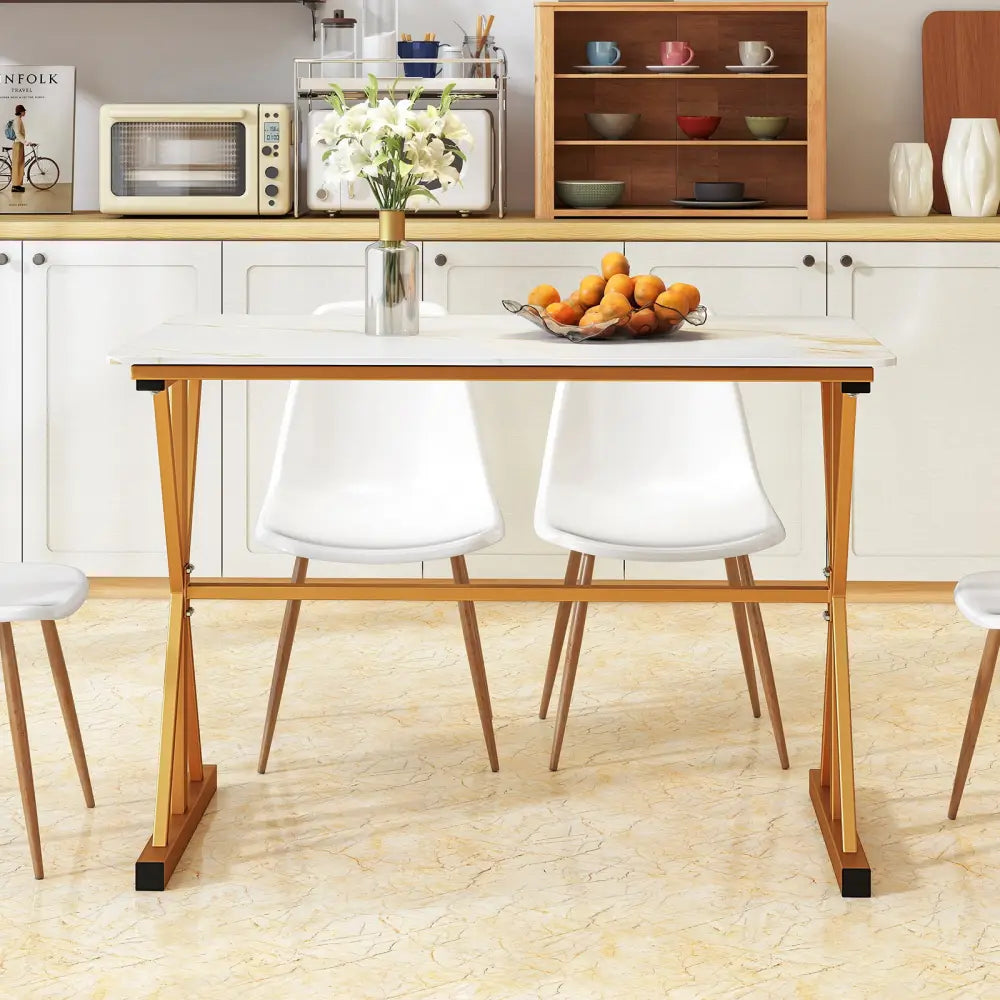 44 Inches Sintered Stone Dining Table with Metal Frame and Faux Marble Tabletop-White - White - Dining Tables