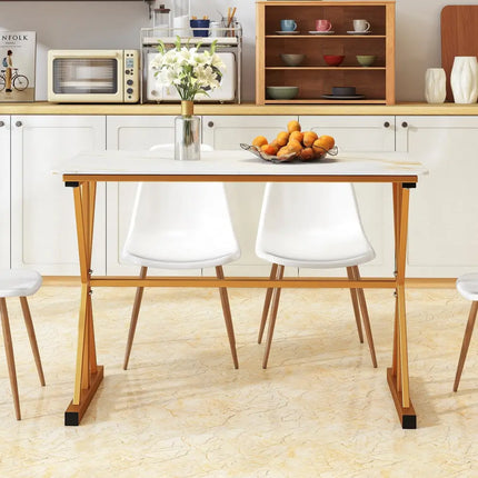 44 Inches Sintered Stone Dining Table with Metal Frame and Faux Marble Tabletop-White Costway