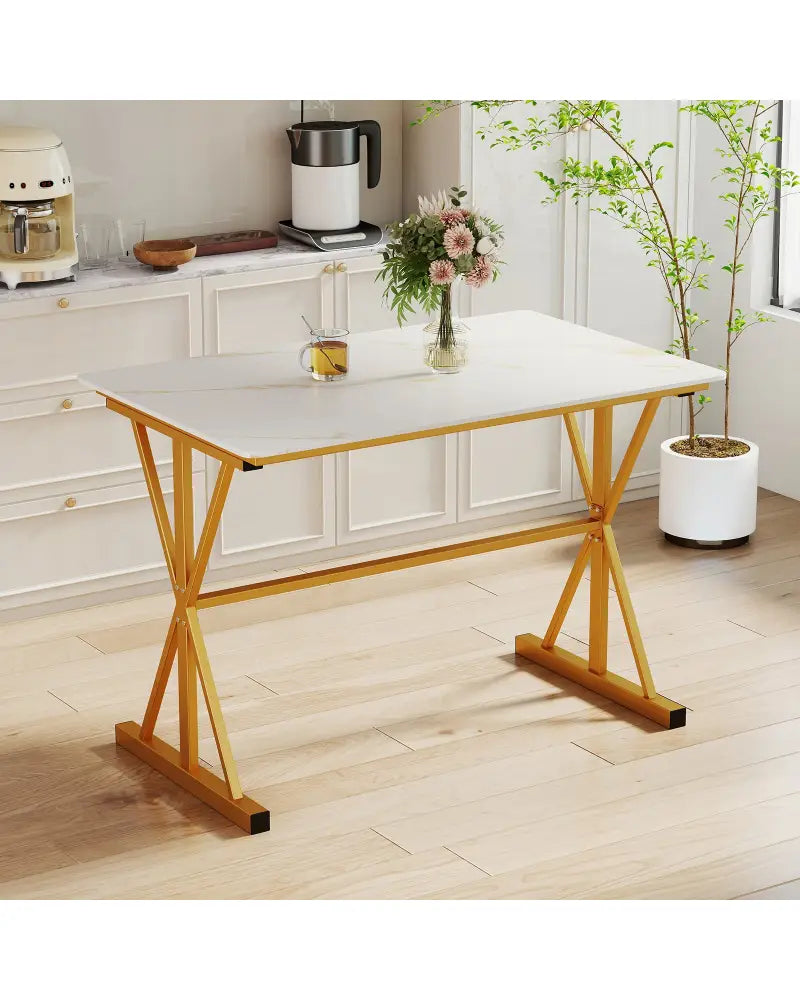 44 Inches Sintered Stone Dining Table with Metal Frame and Faux Marble Tabletop-White - White - Dining Tables