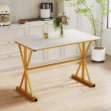 44 Inches Sintered Stone Dining Table with Metal Frame and Faux Marble Tabletop-White Costway