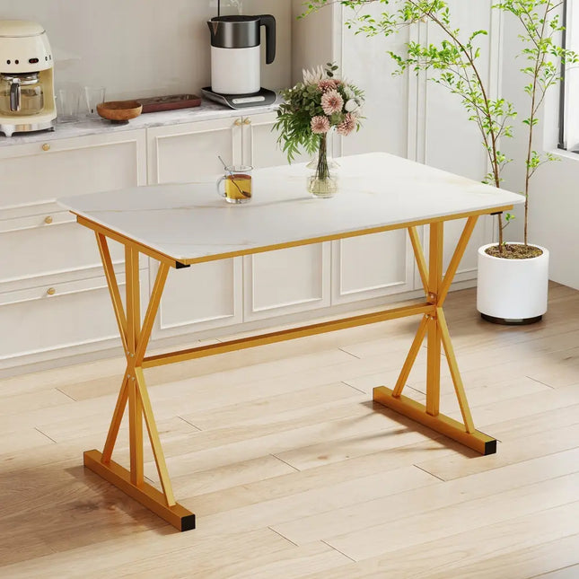 44 Inches Sintered Stone Dining Table with Metal Frame and Faux Marble Tabletop-White Costway