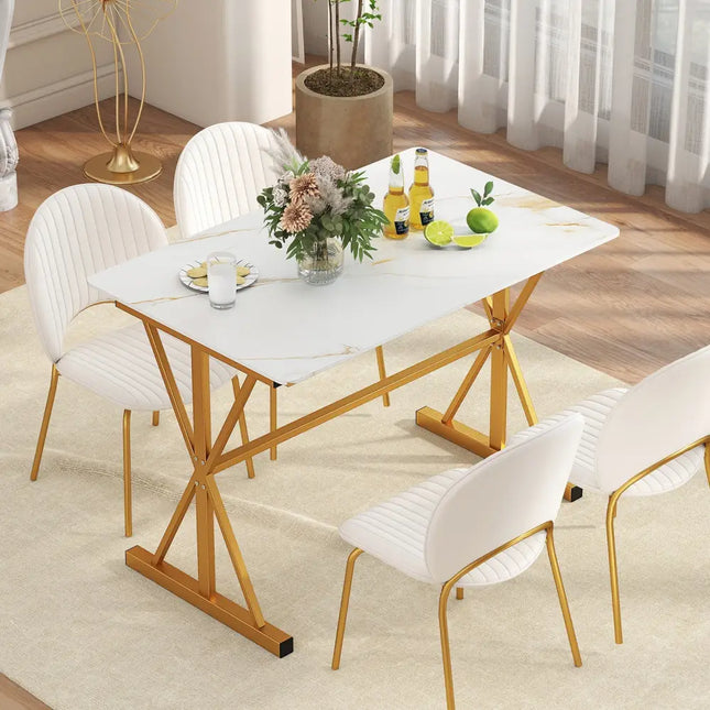 44 Inches Sintered Stone Dining Table with Metal Frame and Faux Marble Tabletop-White Costway