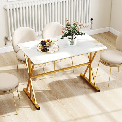 44 Inches Sintered Stone Dining Table with Metal Frame and Faux Marble Tabletop-White Costway