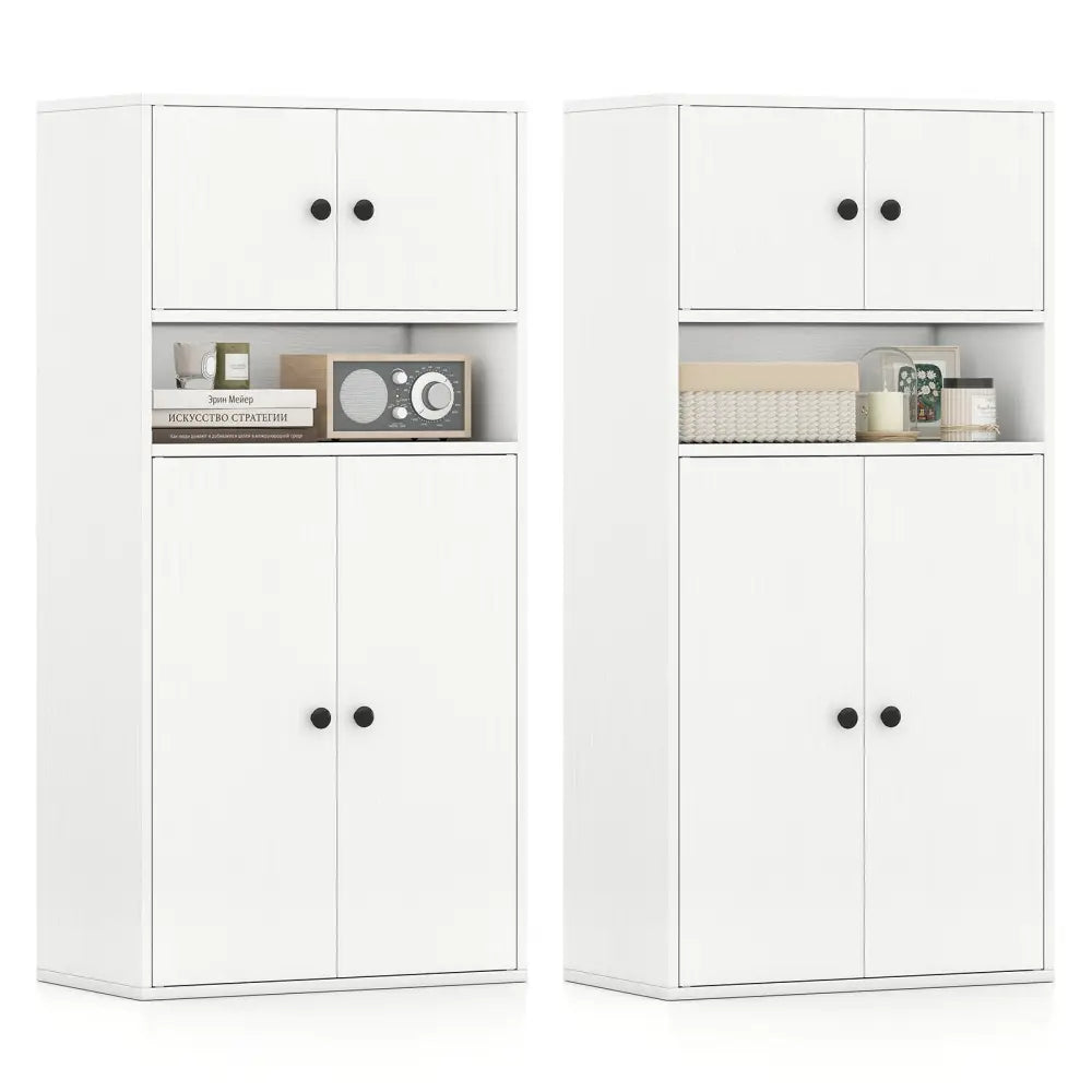 44 Inches Tall Bookshelf with Doors and Adjustable Shelf-2 Pieces - White - Bookcases