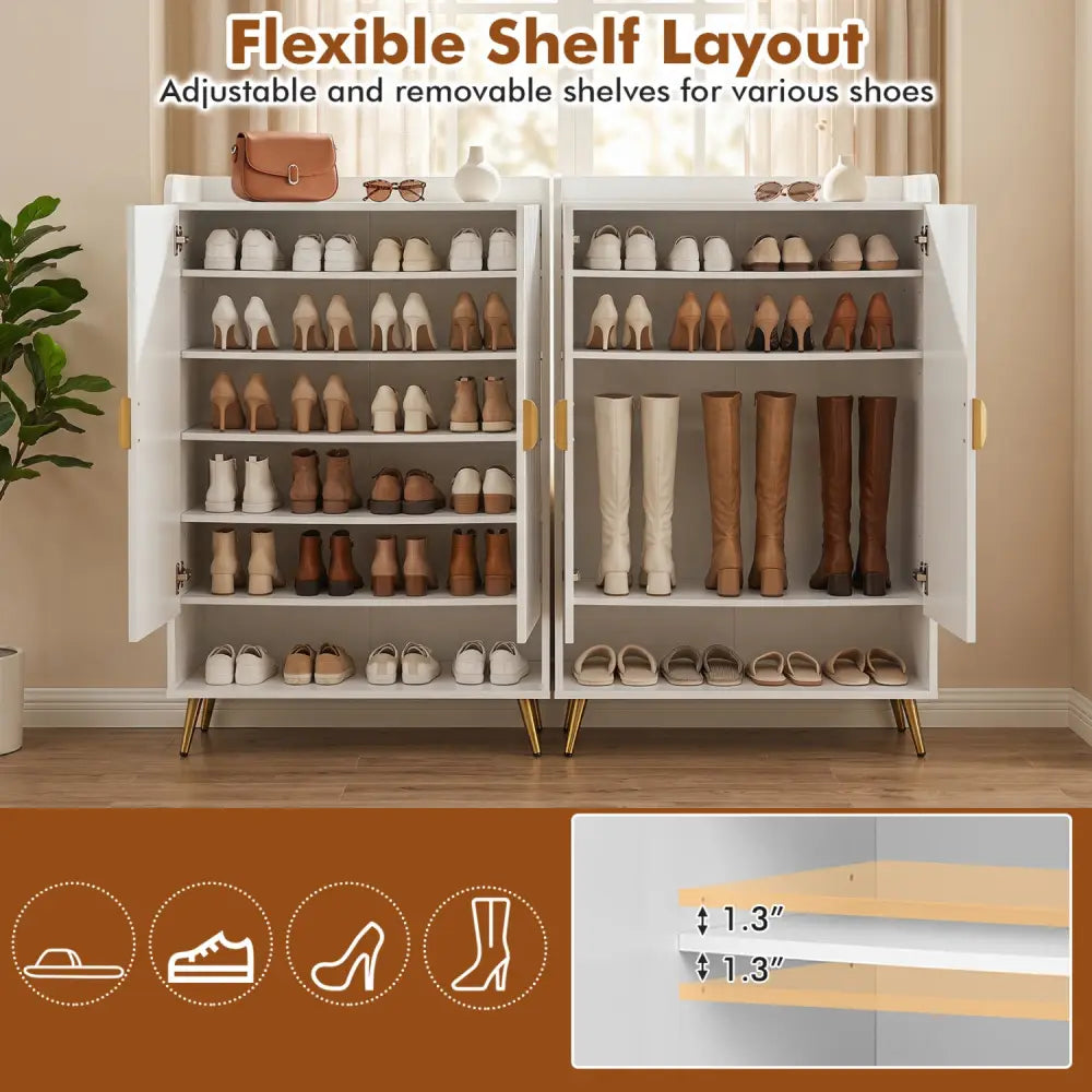 44’’ Tall Shoe Storage Cabinet with 7-Tier Doors and Adjustable Shelves for Entryway-White - White - Shoe Racks &