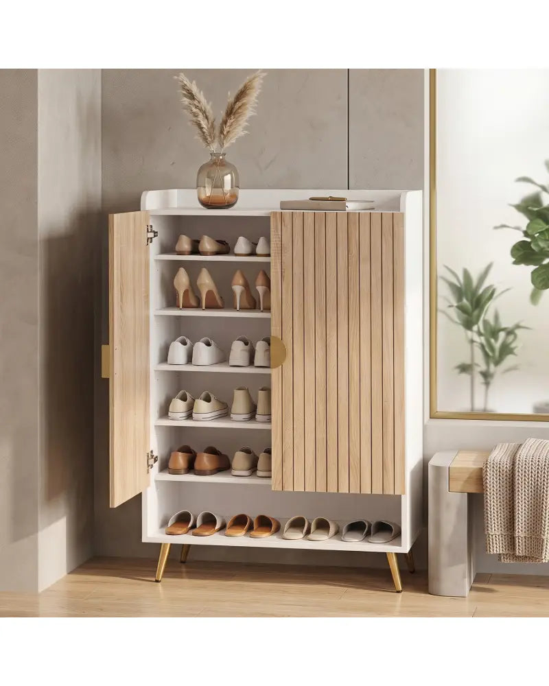 44’’ Tall Shoe Storage Cabinet with 7-Tier Doors and Adjustable Shelves for Entryway-Natural - Natural - Shoe Racks &