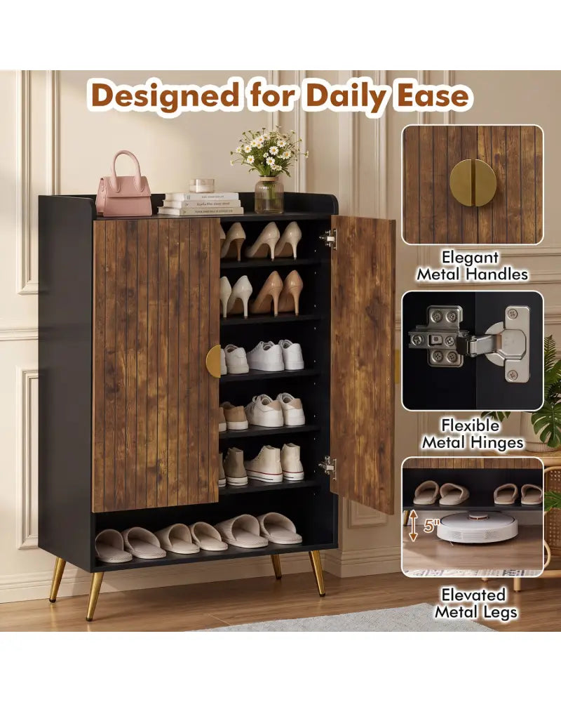 44’’ Tall Shoe Storage Cabinet with 7-Tier Doors and Adjustable Shelves for Entryway-Rustic Brown - Rustic Brown - Shoe