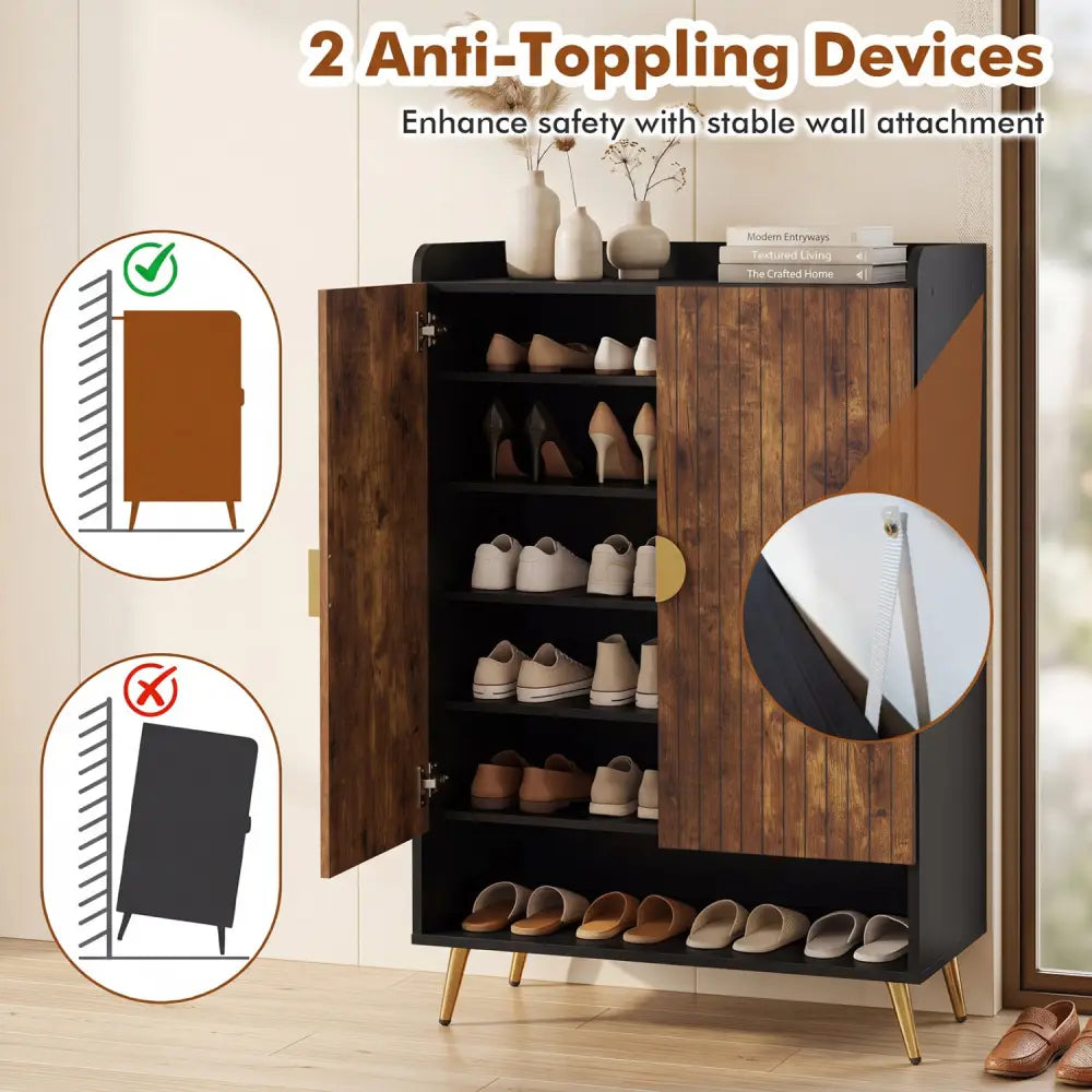 44’’ Tall Shoe Storage Cabinet with 7-Tier Doors and Adjustable Shelves for Entryway-Rustic Brown - Rustic Brown - Shoe