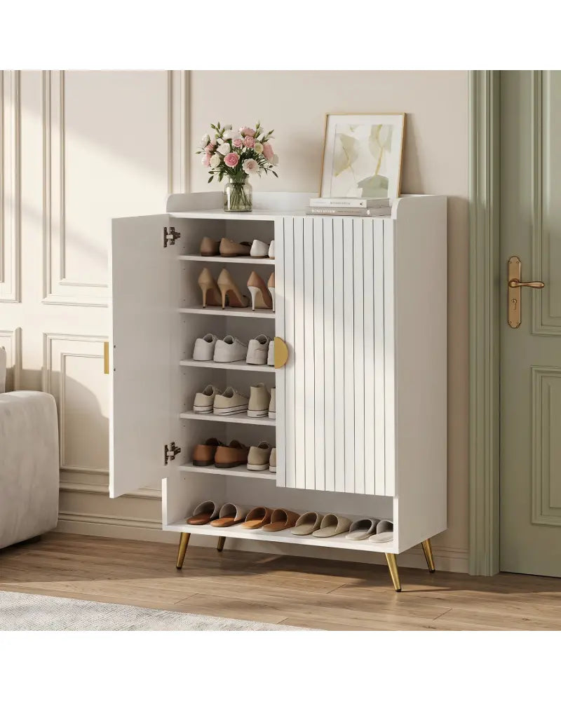 44’’ Tall Shoe Storage Cabinet with 7-Tier Doors and Adjustable Shelves for Entryway-White - White - Shoe Racks &