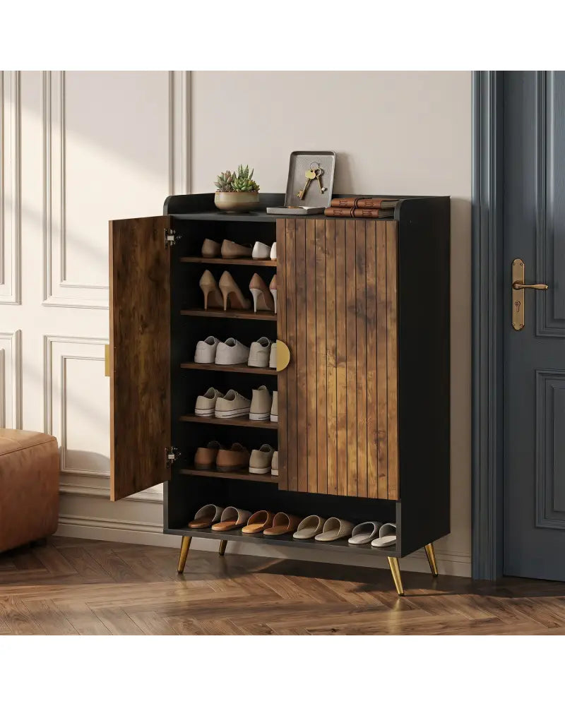 44’’ Tall Shoe Storage Cabinet with 7-Tier Doors and Adjustable Shelves for Entryway-Rustic Brown - Rustic Brown - Shoe