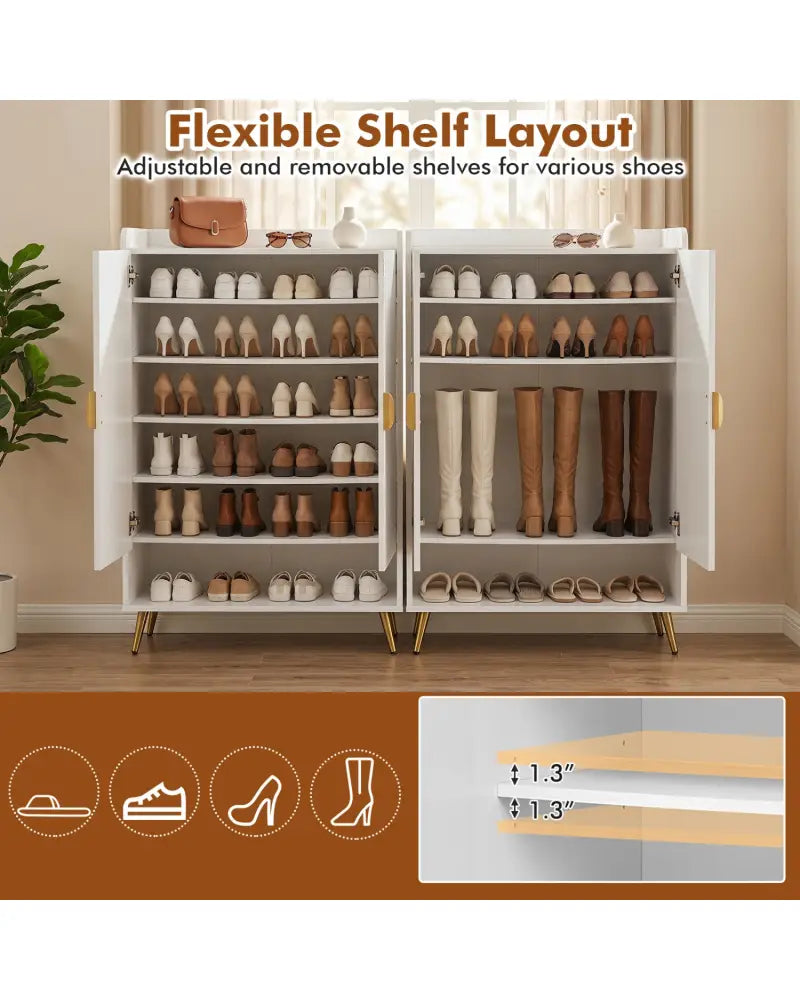 44’’ Tall Shoe Storage Cabinet with 7-Tier Doors and Adjustable Shelves for Entryway-White - White - Shoe Racks &