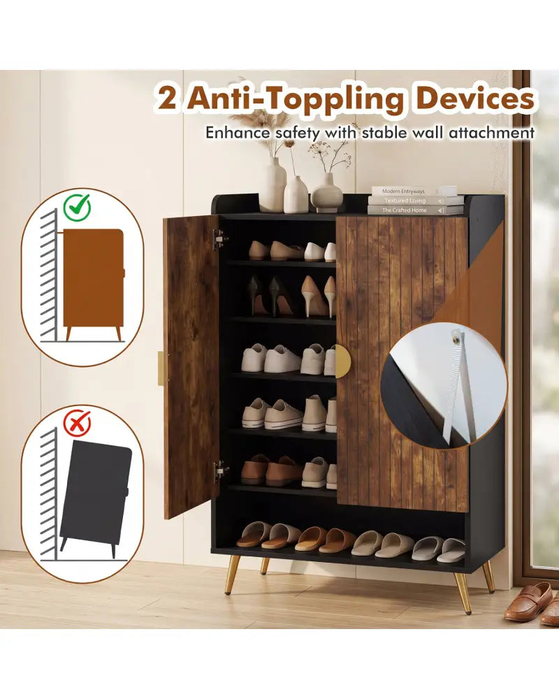 44’’ Tall Shoe Storage Cabinet with 7-Tier Doors and Adjustable Shelves for Entryway-Rustic Brown - Rustic Brown - Shoe