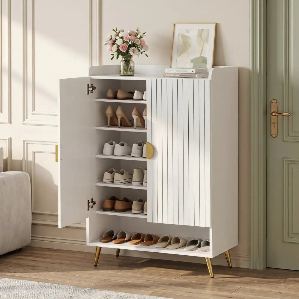 44’’ Tall Shoe Storage Cabinet with 7-Tier Doors and Adjustable Shelves for Entryway-White - White - Shoe Racks &