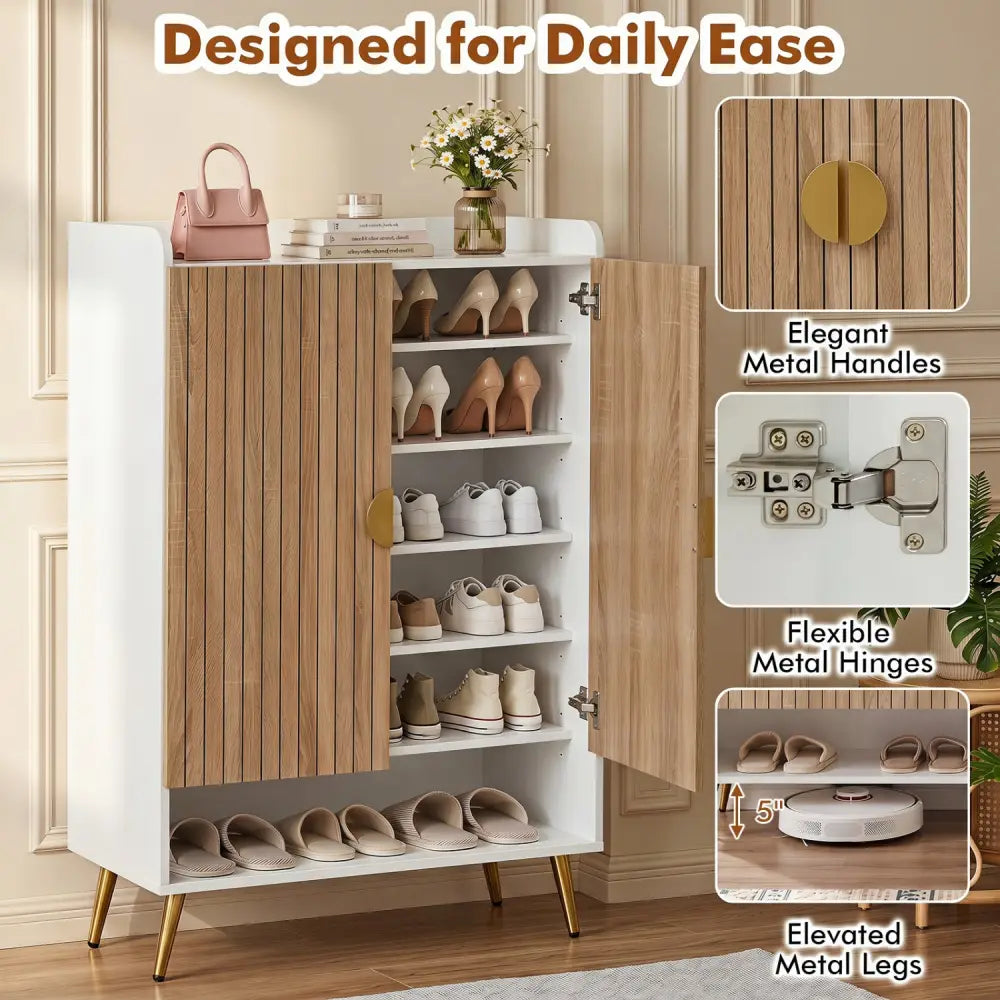 44’’ Tall Shoe Storage Cabinet with 7-Tier Doors and Adjustable Shelves for Entryway-Natural - Natural - Shoe Racks &