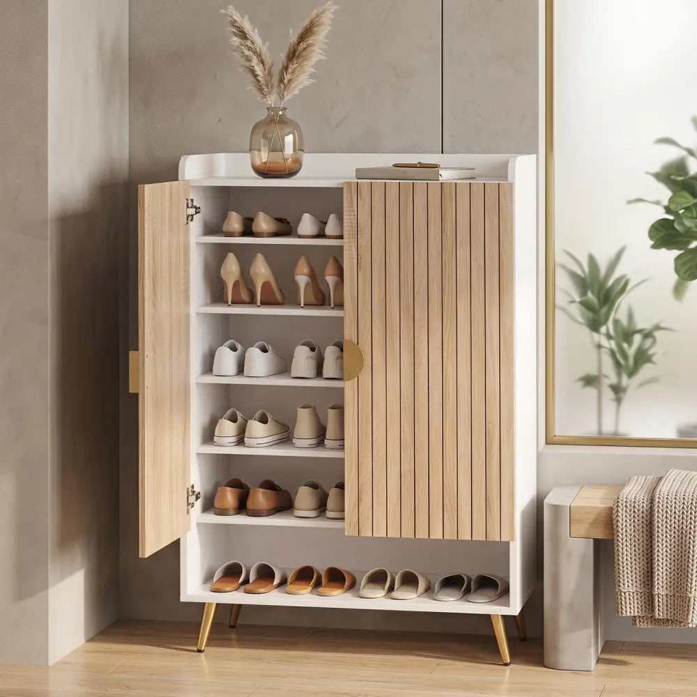 44’’ Tall Shoe Storage Cabinet with 7-Tier Doors and Adjustable Shelves for Entryway-Natural - Natural - Shoe Racks &