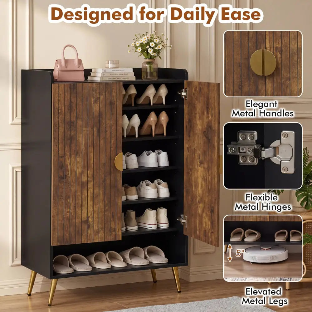 44’’ Tall Shoe Storage Cabinet with 7-Tier Doors and Adjustable Shelves for Entryway-Rustic Brown - Rustic Brown - Shoe