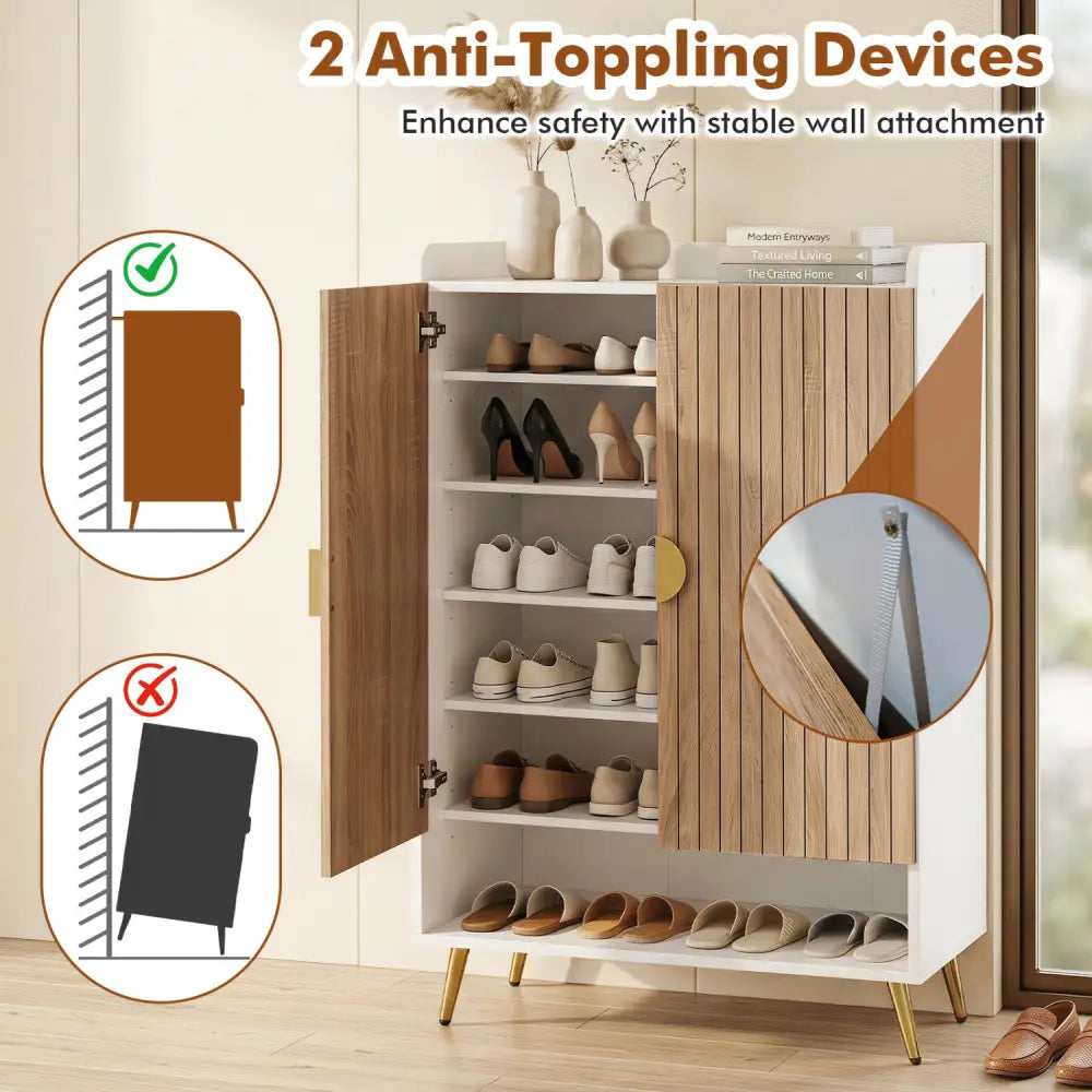44’’ Tall Shoe Storage Cabinet with 7-Tier Doors and Adjustable Shelves for Entryway-Natural - Natural - Shoe Racks &