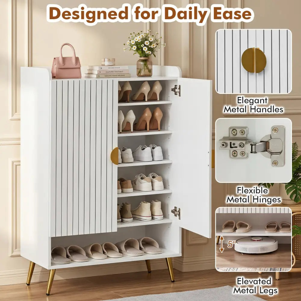 44’’ Tall Shoe Storage Cabinet with 7-Tier Doors and Adjustable Shelves for Entryway-White - White - Shoe Racks &