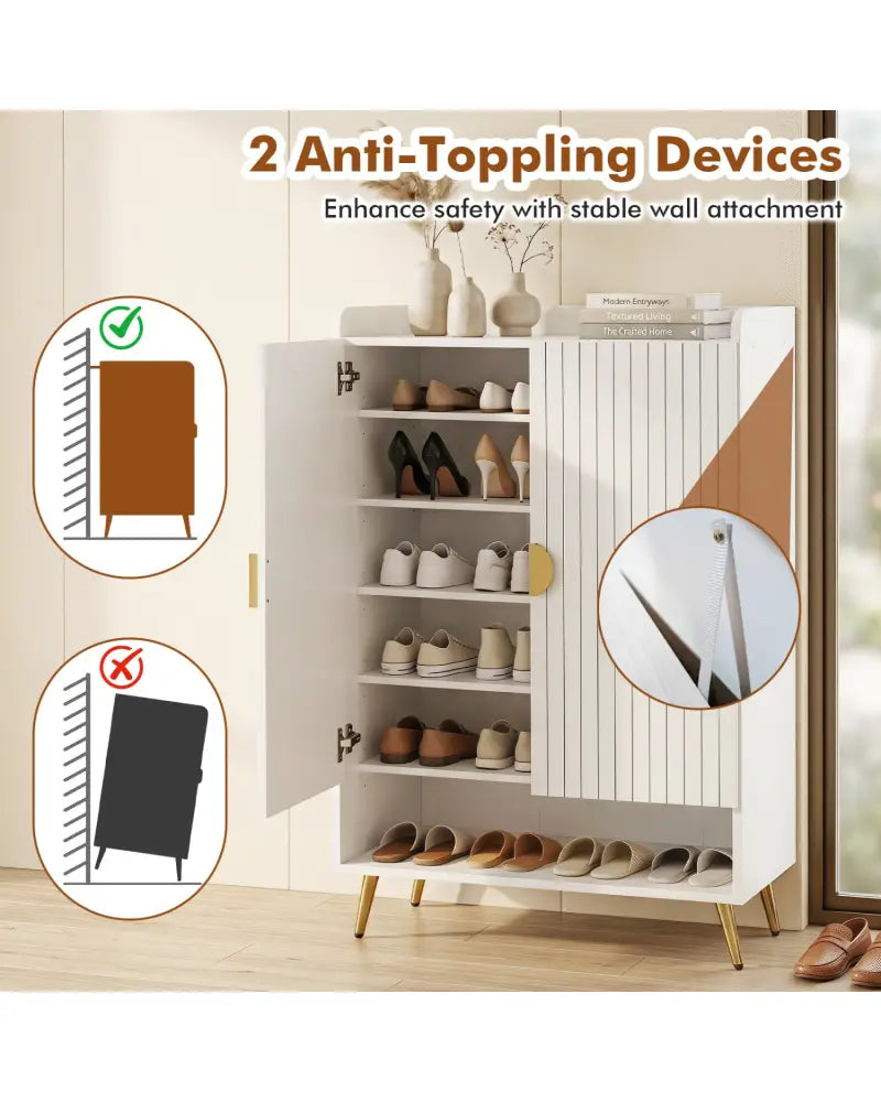 44’’ Tall Shoe Storage Cabinet with 7-Tier Doors and Adjustable Shelves for Entryway-White - White - Shoe Racks &