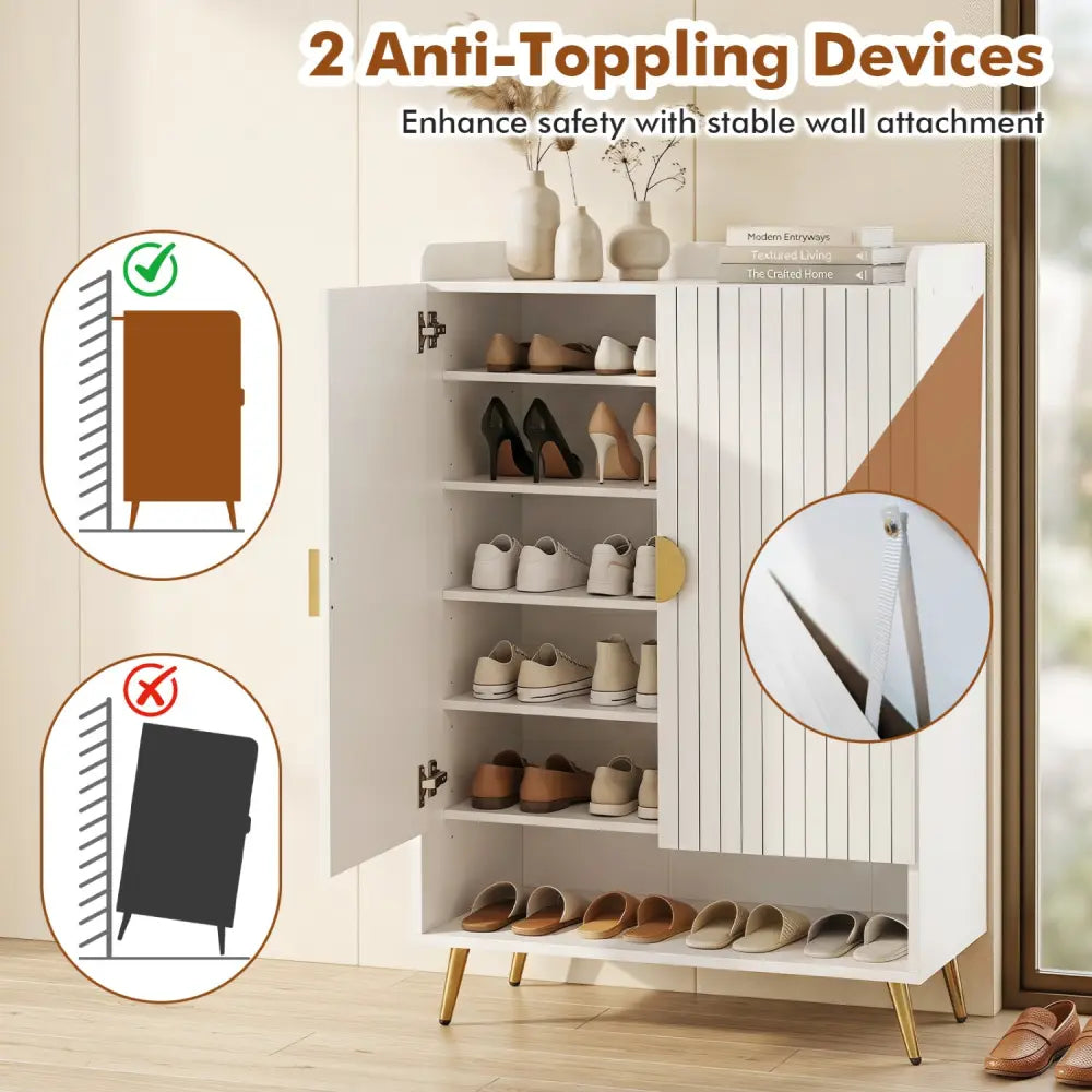 44’’ Tall Shoe Storage Cabinet with 7-Tier Doors and Adjustable Shelves for Entryway-White - White - Shoe Racks &