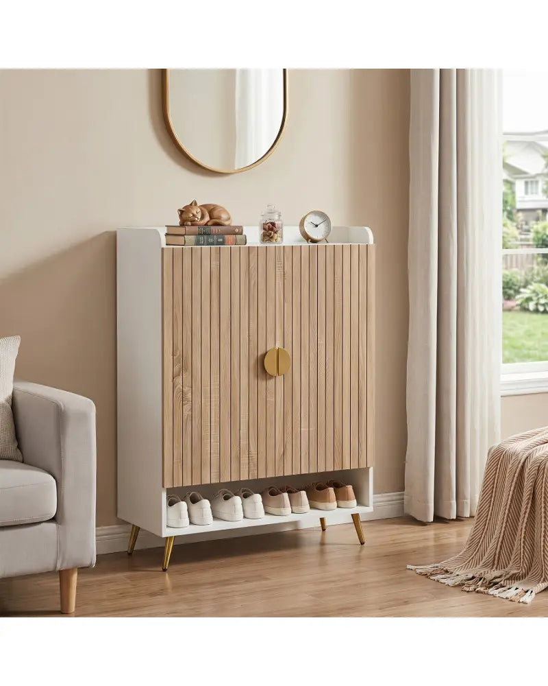 44’’ Tall Shoe Storage Cabinet with 7-Tier Doors and Adjustable Shelves for Entryway-Natural - Natural - Shoe Racks &