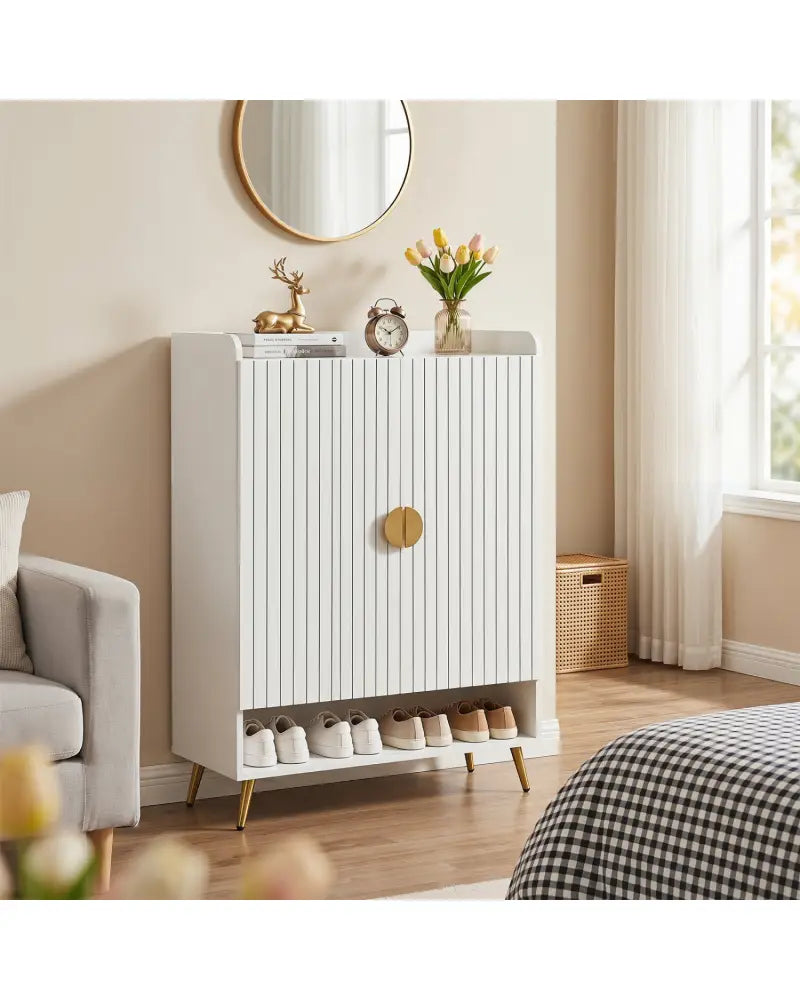 44’’ Tall Shoe Storage Cabinet with 7-Tier Doors and Adjustable Shelves for Entryway-White - White - Shoe Racks &
