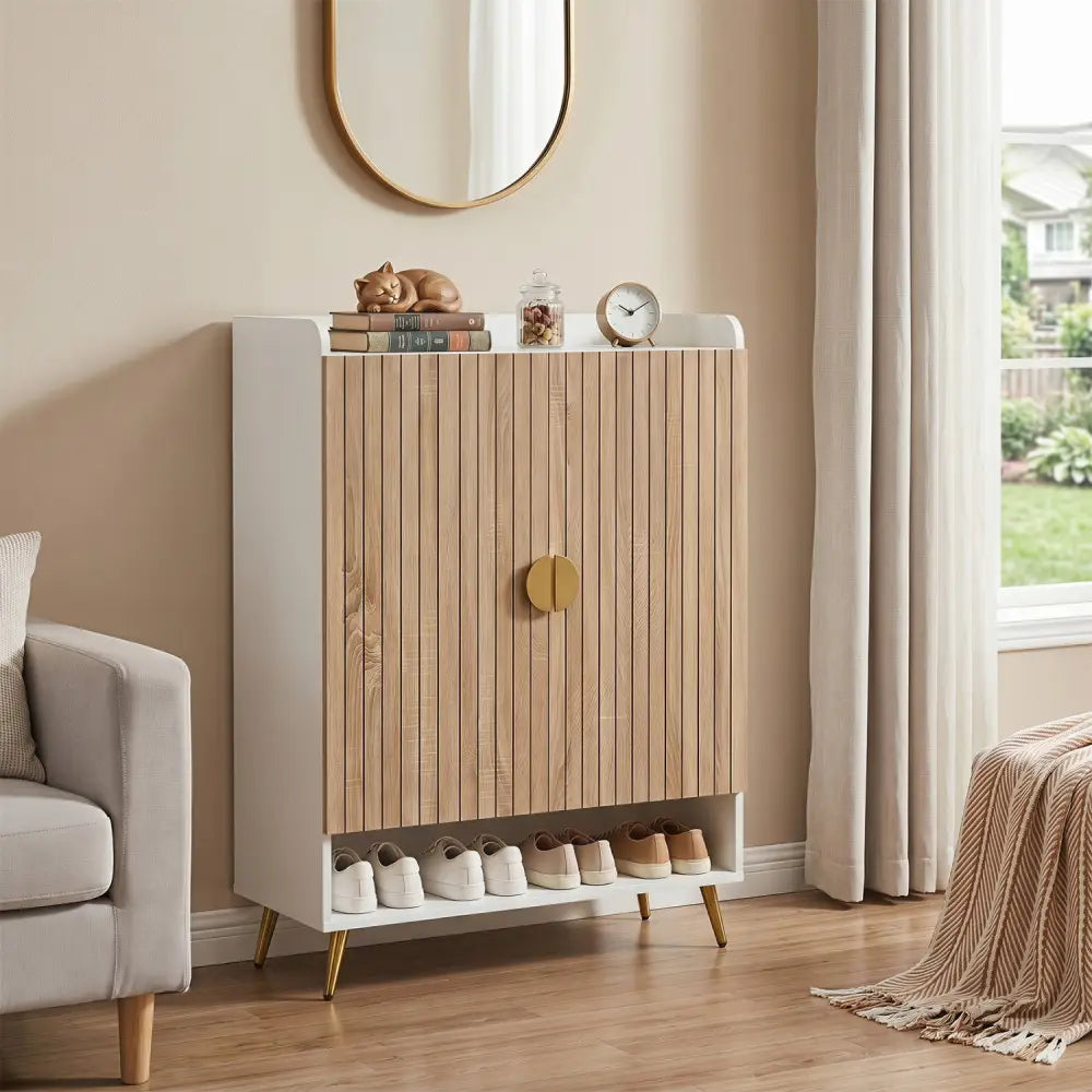 44’’ Tall Shoe Storage Cabinet with 7-Tier Doors and Adjustable Shelves for Entryway-Natural - Natural - Shoe Racks &