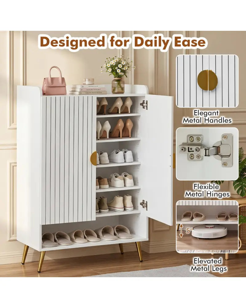 44’’ Tall Shoe Storage Cabinet with 7-Tier Doors and Adjustable Shelves for Entryway-White - White - Shoe Racks &