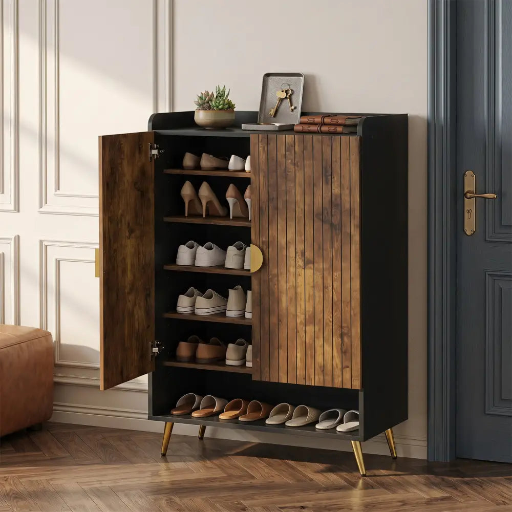 44’’ Tall Shoe Storage Cabinet with 7-Tier Doors and Adjustable Shelves for Entryway-Rustic Brown - Rustic Brown - Shoe