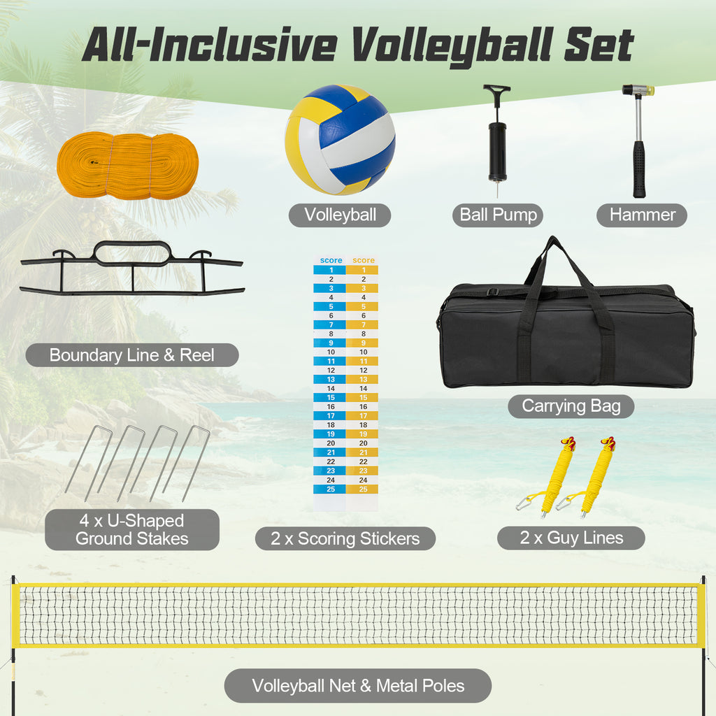 Portable Outdoor Volleyball Net Set Heavy-Duty Volleyball Net System-Yellow