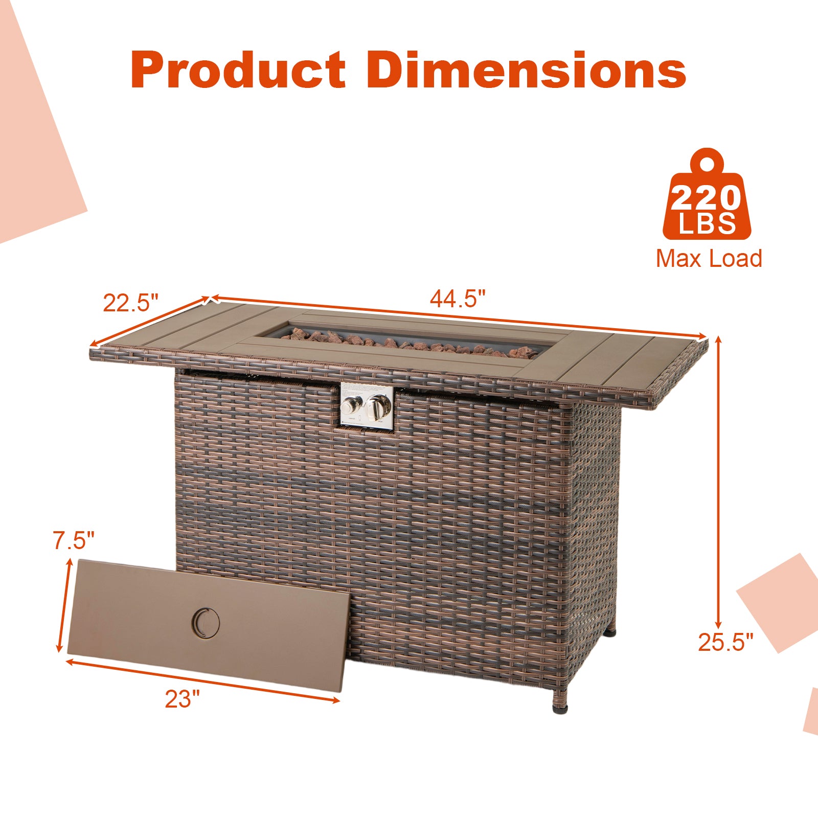 Table de foyer au propane 2-en-1 de 44,5 pouces en rotin avec brûleur en acier inoxydable - Marron
