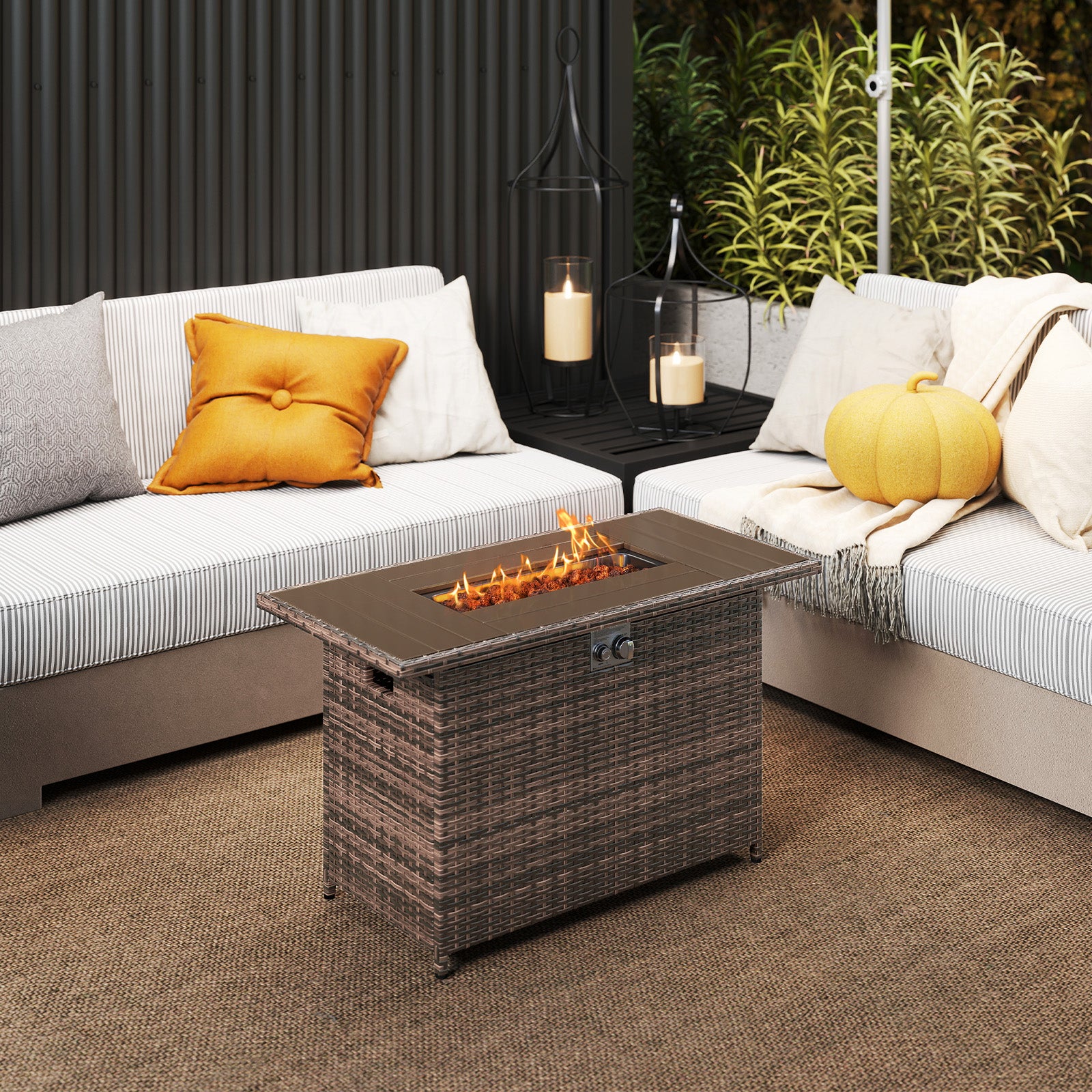 Table de foyer au propane 2-en-1 de 44,5 pouces en rotin avec brûleur en acier inoxydable - Marron