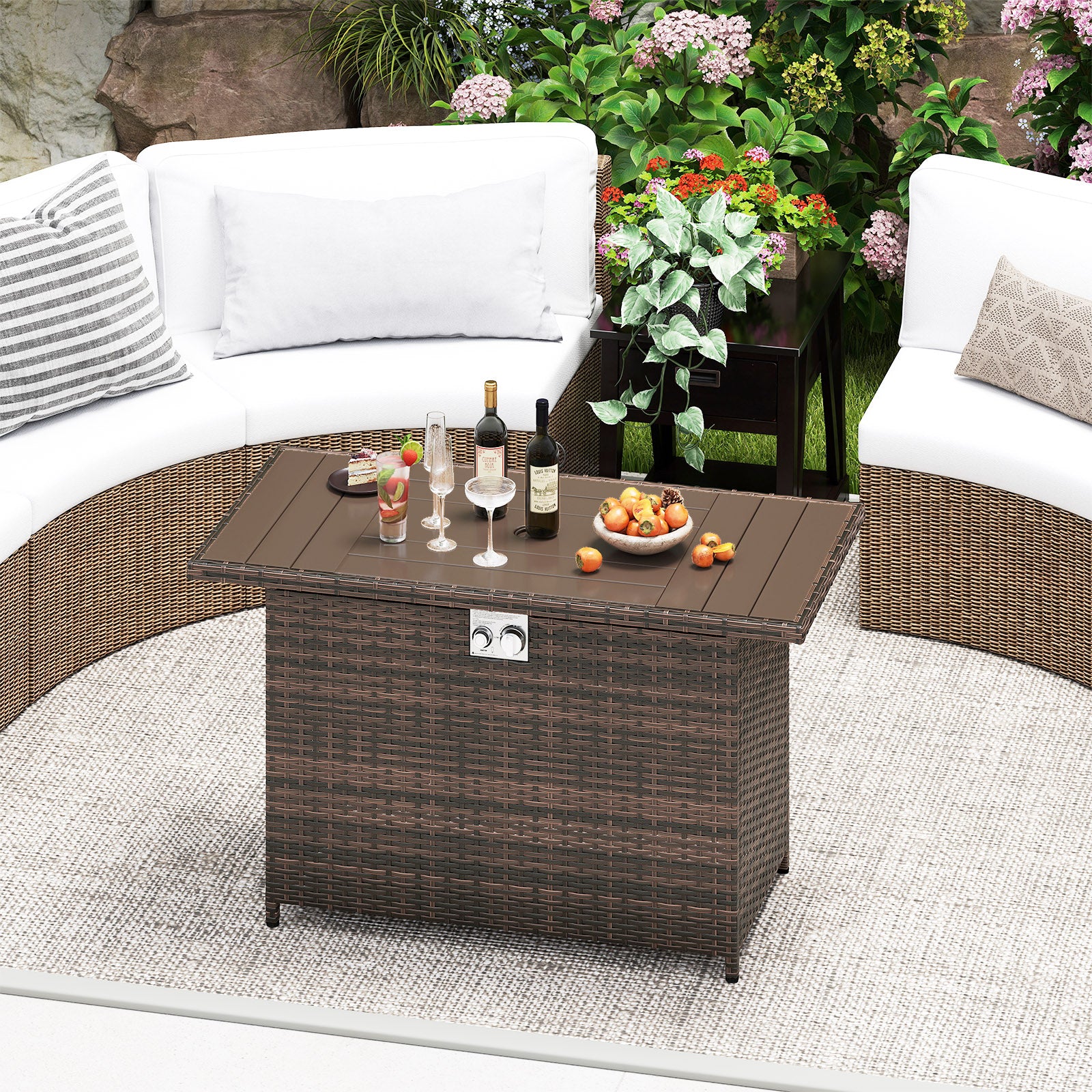Table de foyer au propane 2-en-1 de 44,5 pouces en rotin avec brûleur en acier inoxydable - Marron