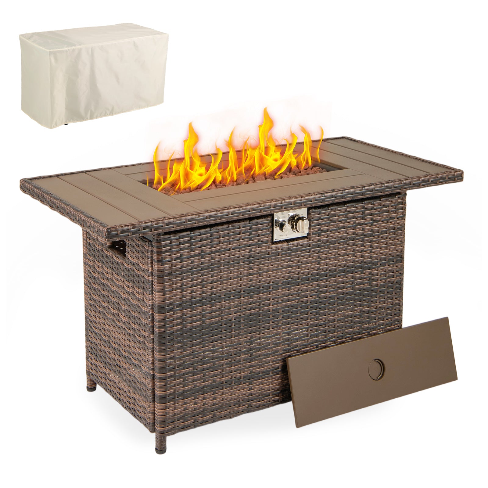 Table de foyer au propane 2-en-1 de 44,5 pouces en rotin avec brûleur en acier inoxydable - Marron