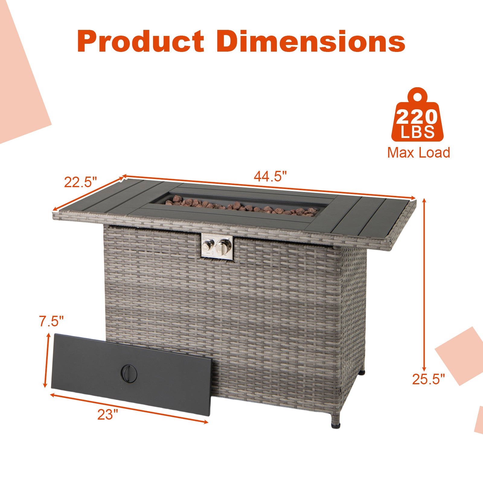 Table de Foyer au Propane de 44,5 Pouces en Rotin, 2-en-1 avec Brûleur en Acier Inoxydable - Gris