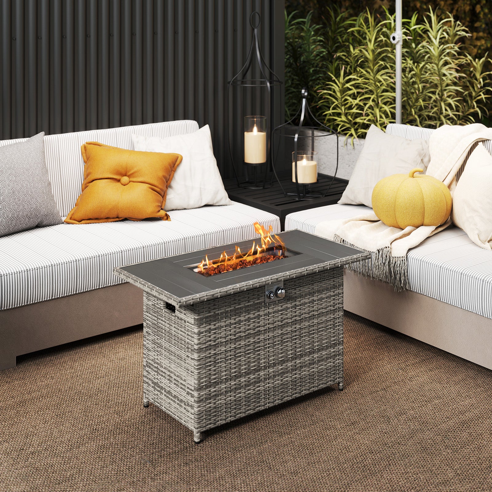 Table de Foyer au Propane de 44,5 Pouces en Rotin, 2-en-1 avec Brûleur en Acier Inoxydable - Gris