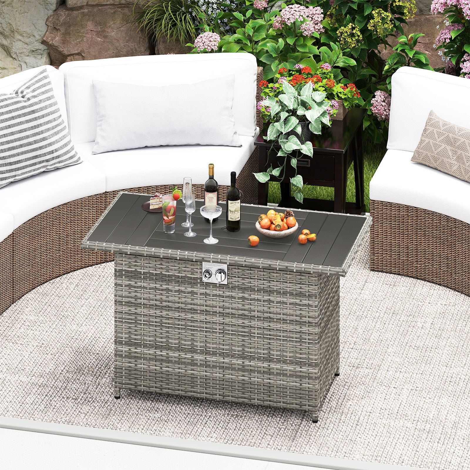 Table de Foyer au Propane de 44,5 Pouces en Rotin, 2-en-1 avec Brûleur en Acier Inoxydable - Gris