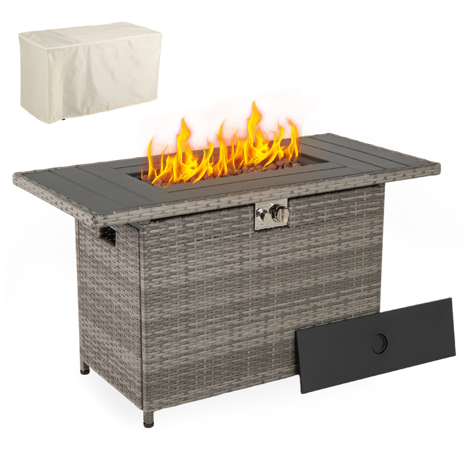Table de Foyer au Propane de 44,5 Pouces en Rotin, 2-en-1 avec Brûleur en Acier Inoxydable - Gris