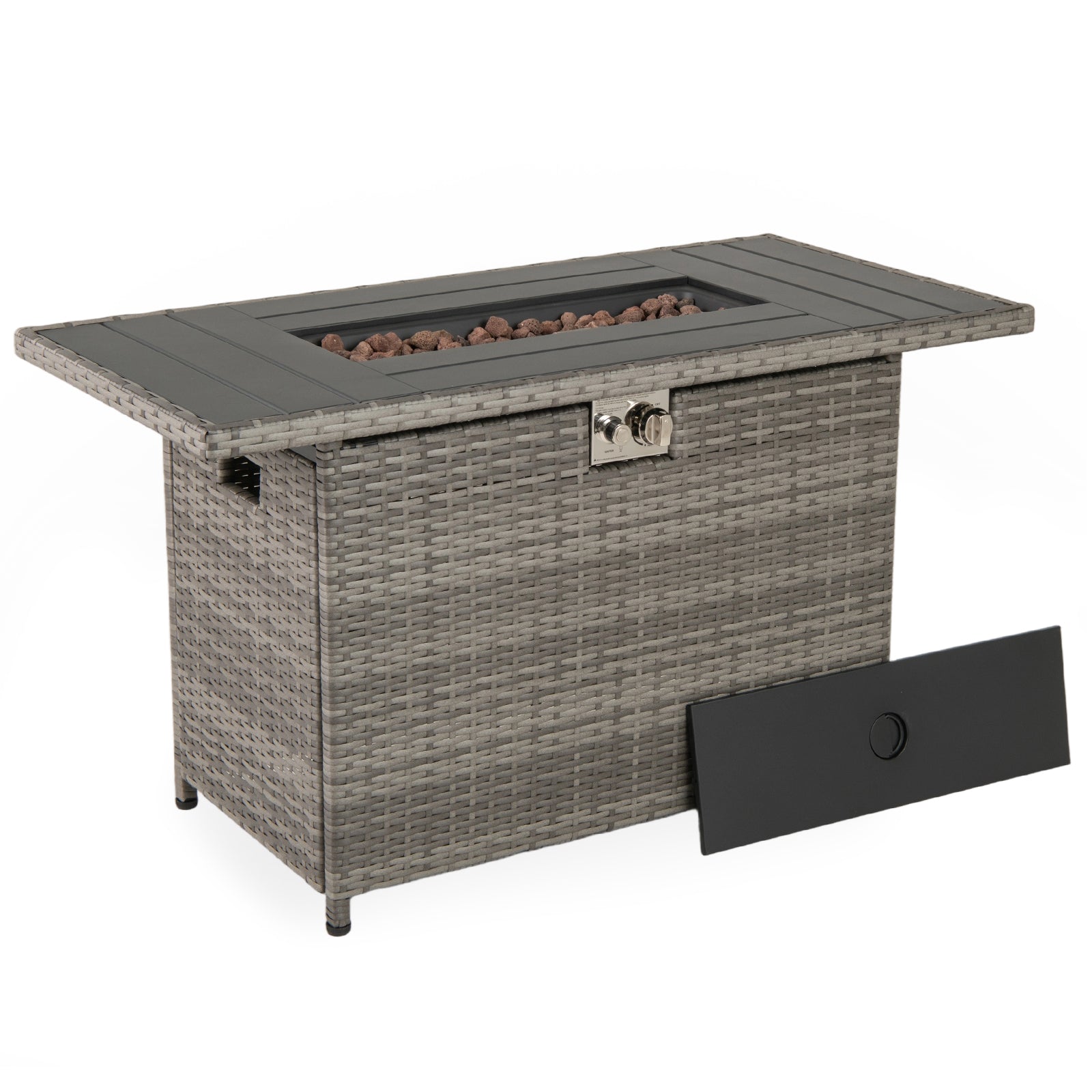 Table de Foyer au Propane de 44,5 Pouces en Rotin, 2-en-1 avec Brûleur en Acier Inoxydable - Gris