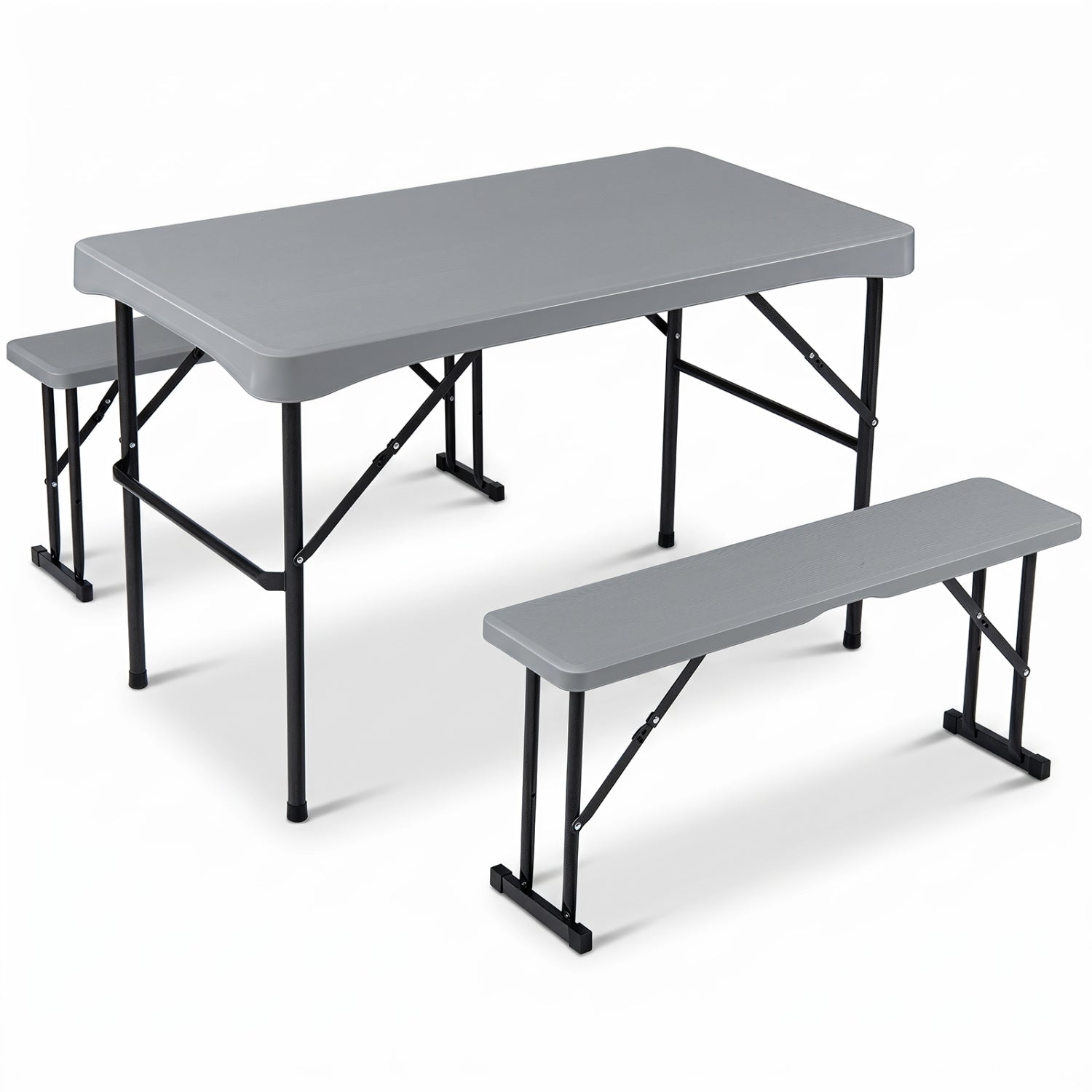 44" HDPE Folding Picnic Table Set with 2 Benches-Gray
