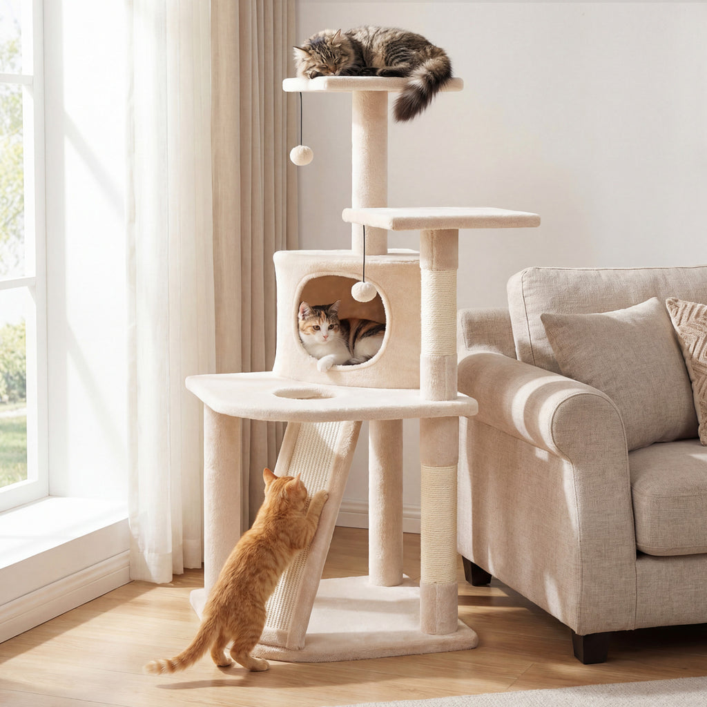 44 Inch Tall Kitten Tower with Condo and 2 Plush Perches-Beige