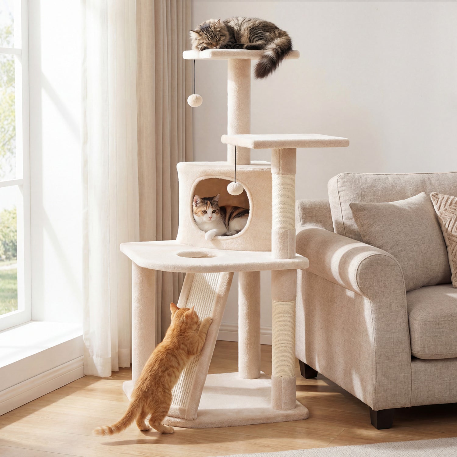44 Inch Tall Kitten Tower with Condo and 2 Plush Perches-Beige