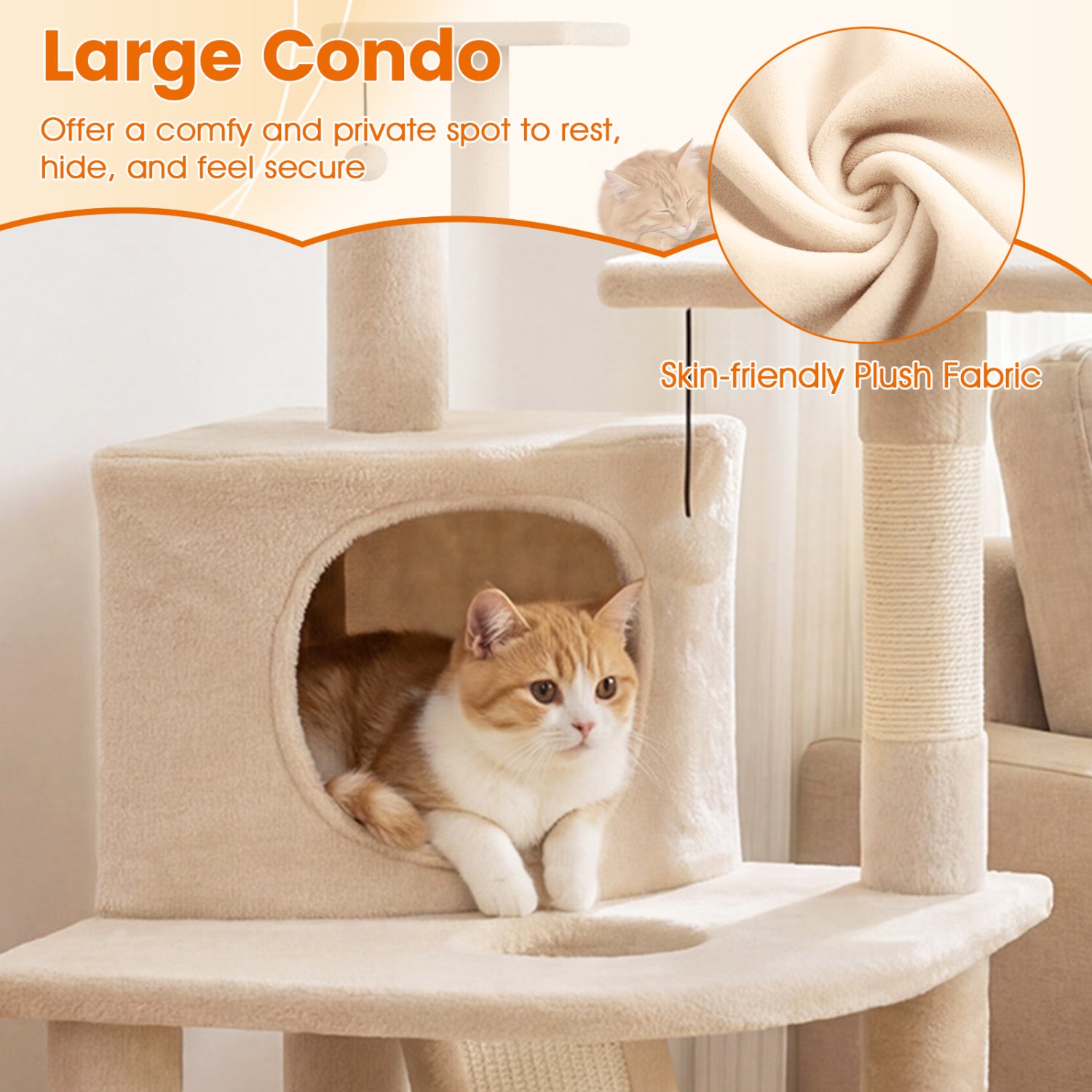 44 Inch Tall Kitten Tower with Condo and 2 Plush Perches-Beige