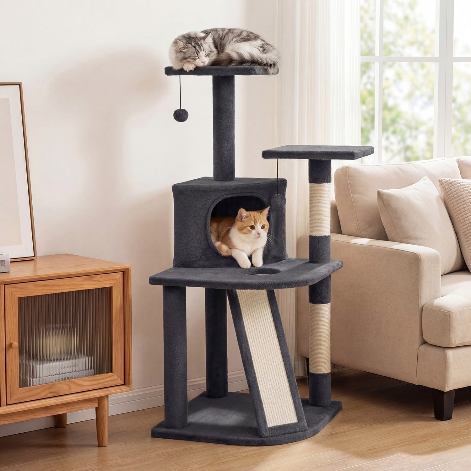 44 Inch Tall Kitten Tower with Condo and 2 Plush Perches-Dark Gray