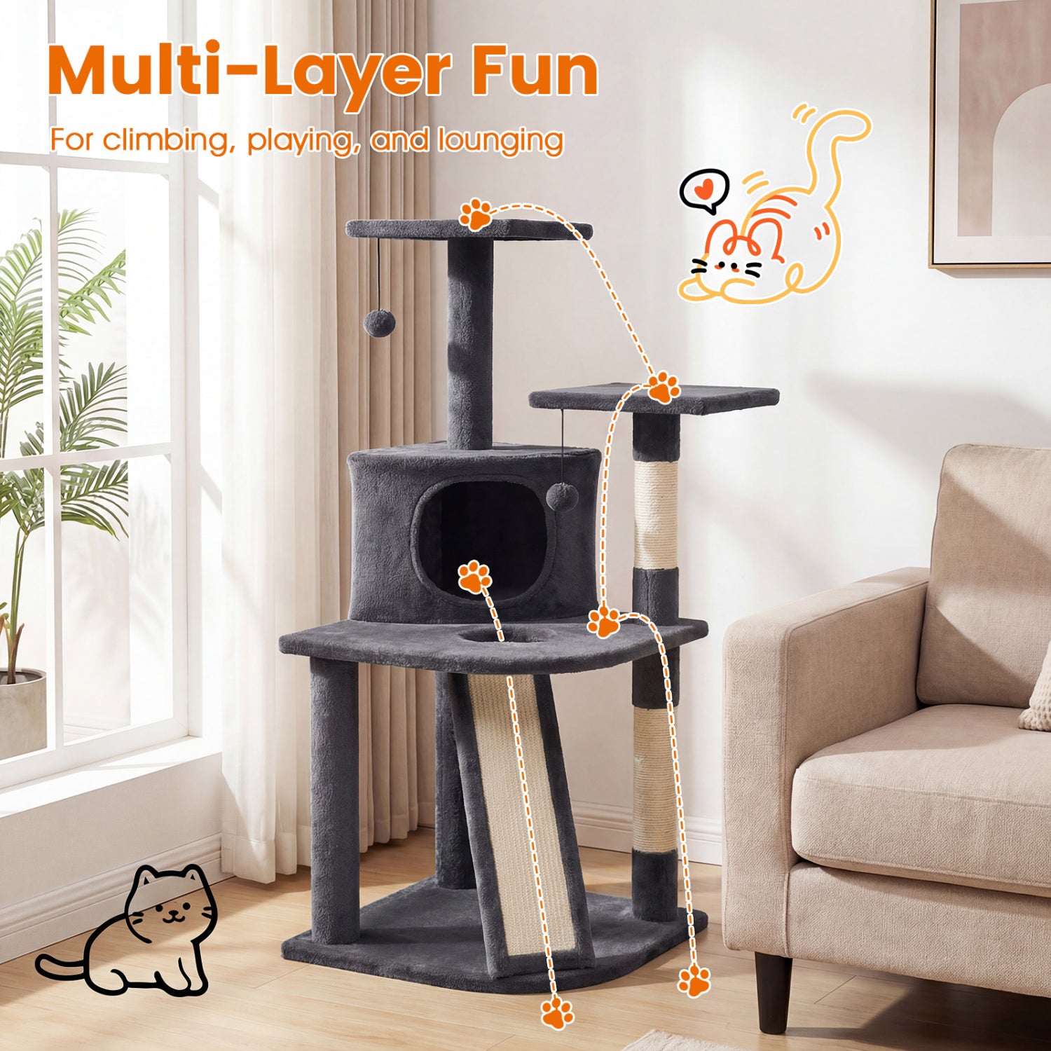 44 Inch Tall Kitten Tower with Condo and 2 Plush Perches-Dark Gray