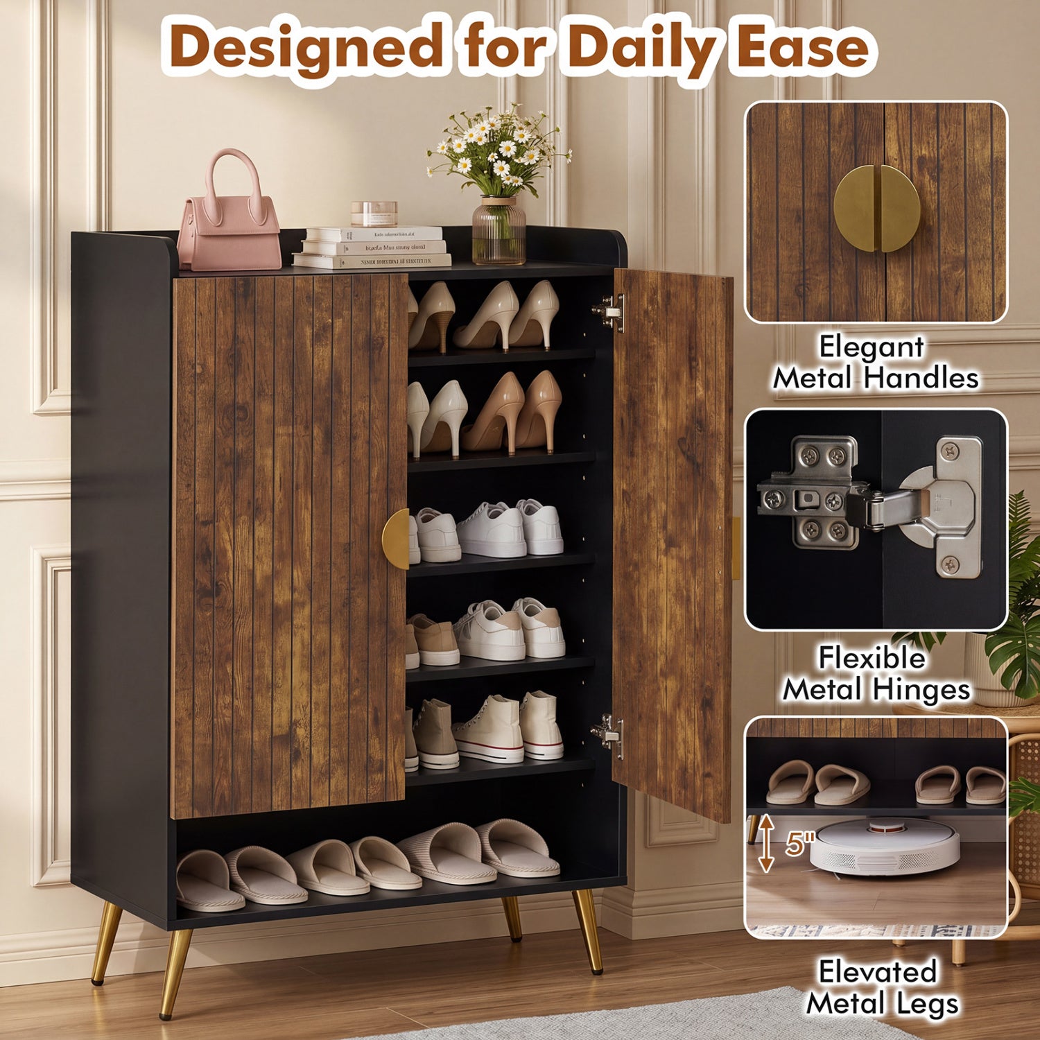 44" Tall Shoe Storage Cabinet with 7-Tier Doors and Adjustable Shelves for Entryway-Rustic Brown